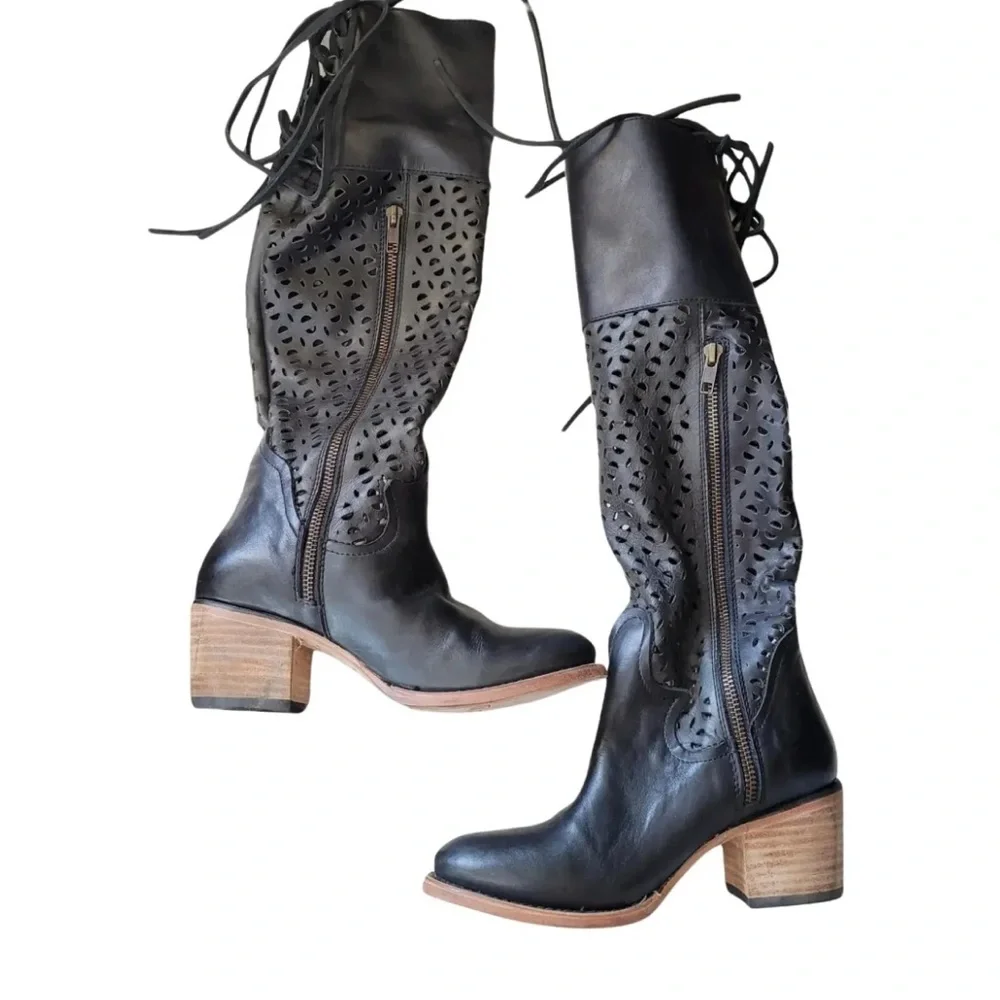 Freebird By Steven Black Creek Leather Perforated Lace Up Back Tall Boots NWOT 6